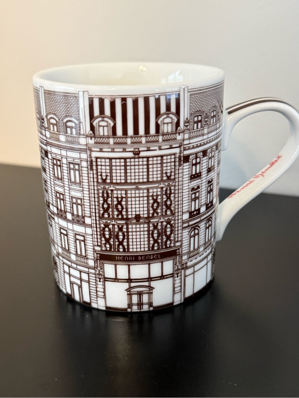 125th Henri Bendel White Porcelain Mug with Brown Architectural Print